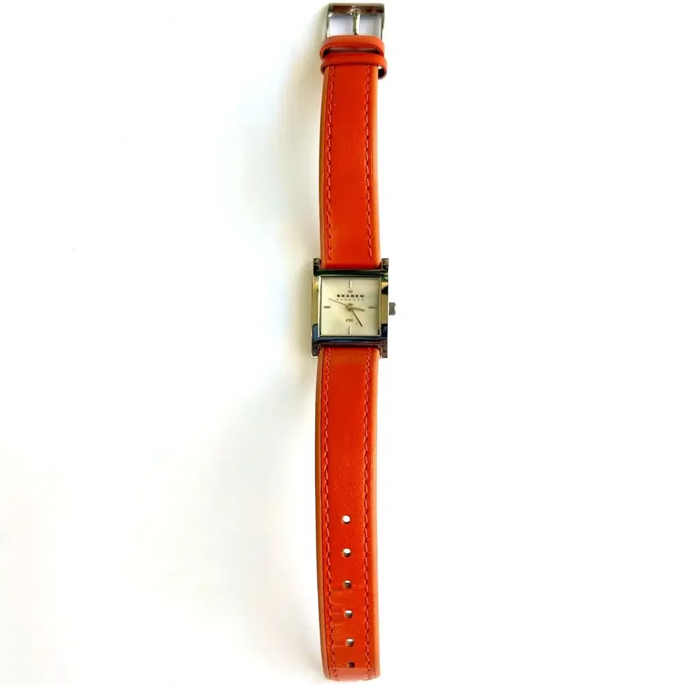 Skagen Denmark Square Watch Mother of Pearl Orange Leather Strap 2000s Vintage - Picture 7 of 14